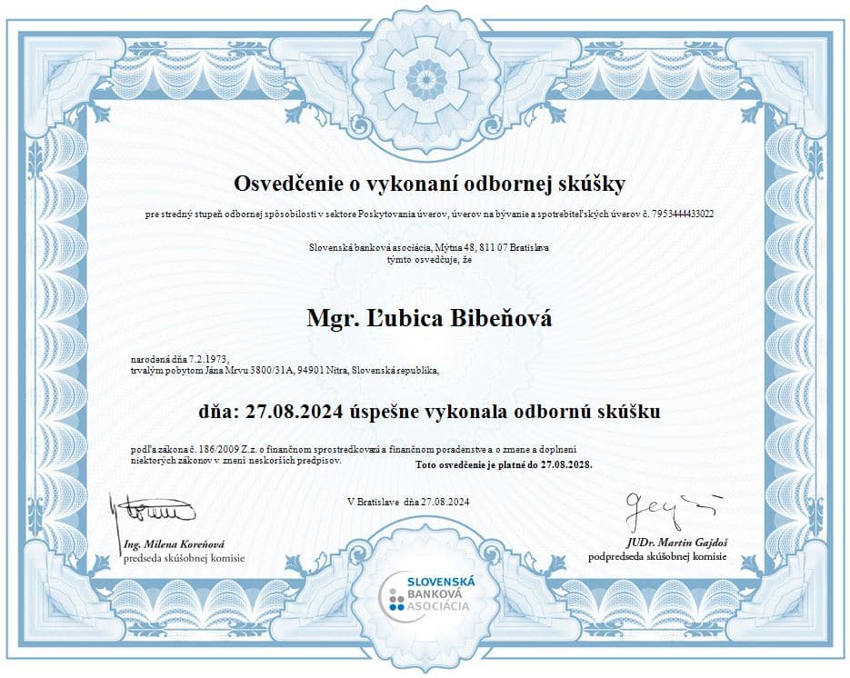 Osvedčenie — finančná sprostredkovateľka